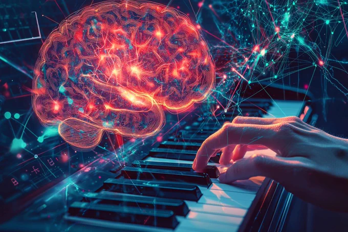 This shows a brain and a person playing the piano.