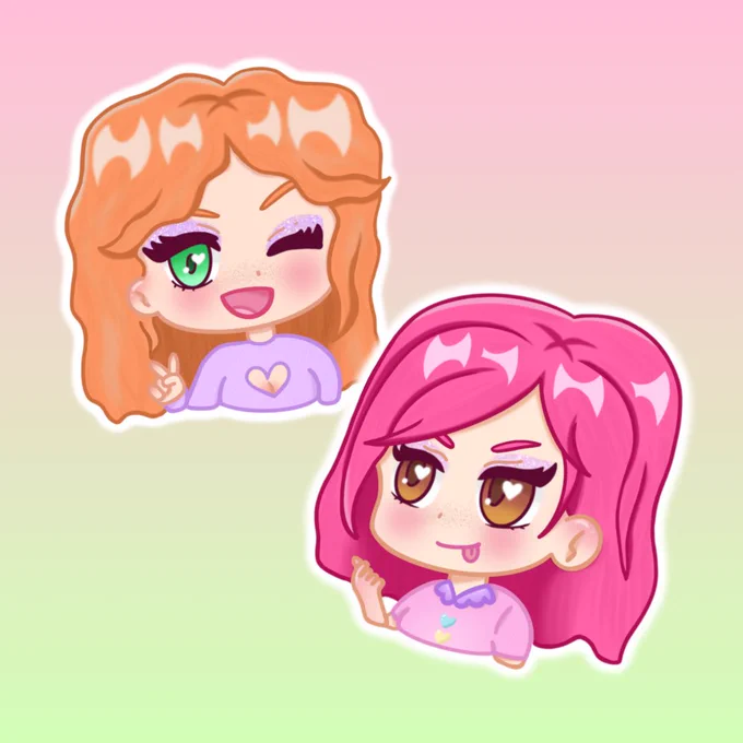 chibi art of ru and jeffie on a pink and green background