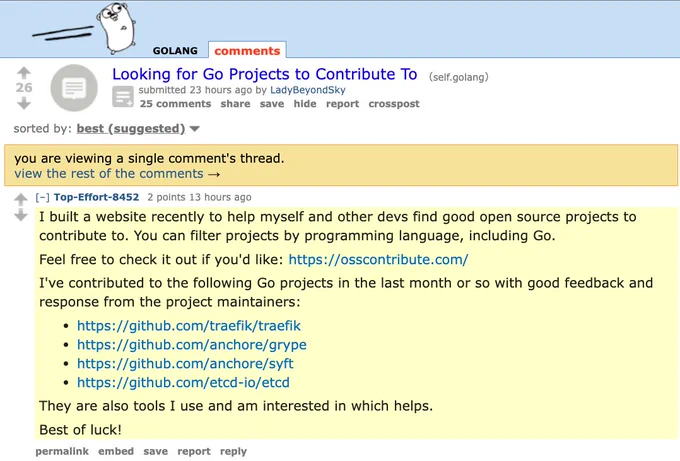 A screenshot from a thread on r/golang on reddit. Someone asked about Go Projects to contribute to. Another person mentioned Syft and Grype, Traefic and etcd! Nice.