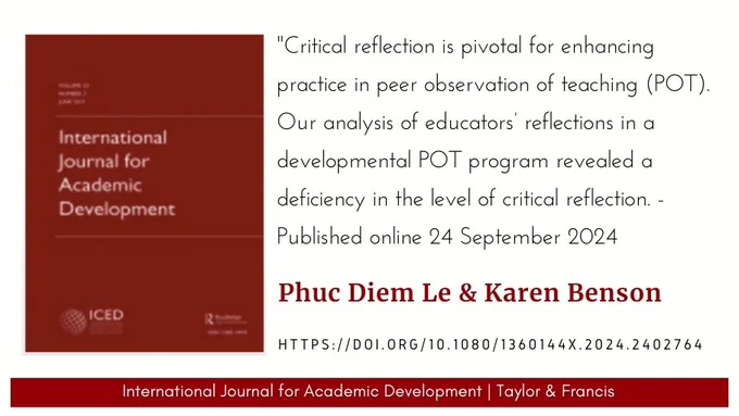 IJAD logo and a quote from a reflection on practice by Phuc Diem Le & Karen Benson: "Critical reflection is pivotal for enhancing practice in peer observation of teaching (POT). Our analysis of educators’ reflections in a developmental POT program revealed a deficiency in the level of critical reflection."