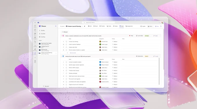 A screenshot of Planner in Microsoft Teams shows the Goals view with a list of two goals and a total of 17 tasks to achieve those goals. Background includes shapes in different shades of red and purple.