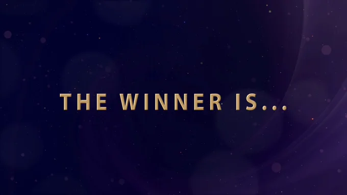 Gold lettering on a dark blue background reads: “The winner is…”