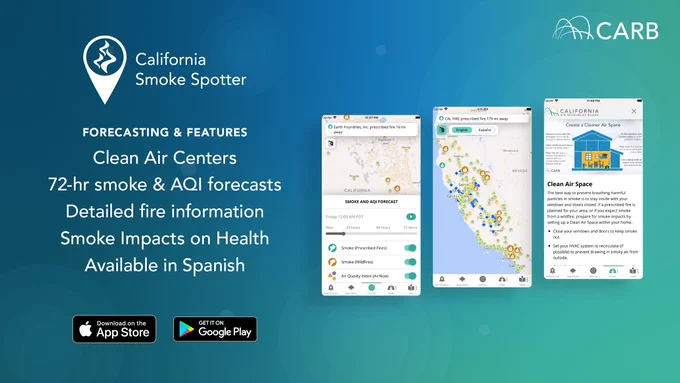 California Smoke Spotter. Forecasting and Features: Clean Air Centers, 72-hr smoke & AQI Forecasts, Detailed fire information, Smoke impacts on health, Available in Spanish. Apple App Store and Google Play icons. Three screenshots of the app showing the smoke forecast, map of the state with fire, AQI and Clean Air Center icons, and information on how to create a Cleaner Air Space.