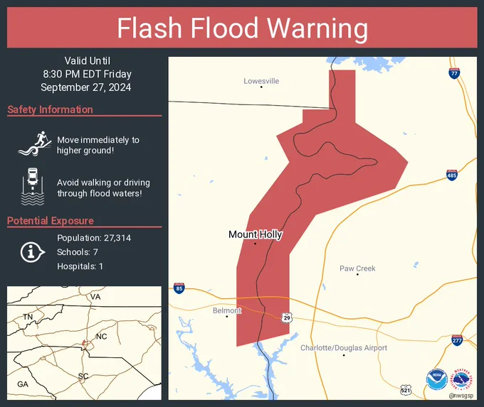 This graphic displays a flash flood warning plotted on a map. The warning is in effect until 8:30 PM EDT. The warning includes Mount Holly NC.  This warning is for A Dam Floodgate Release in, Northeastern Gaston County in the piedmont of North Carolina and Northwestern Mecklenburg County in the piedmont of North Carolina. Avoid walking or driving through flood waters! Move immediately to higher ground! There are 27,314 people in the warning along with 7 schools and 1 hospital.