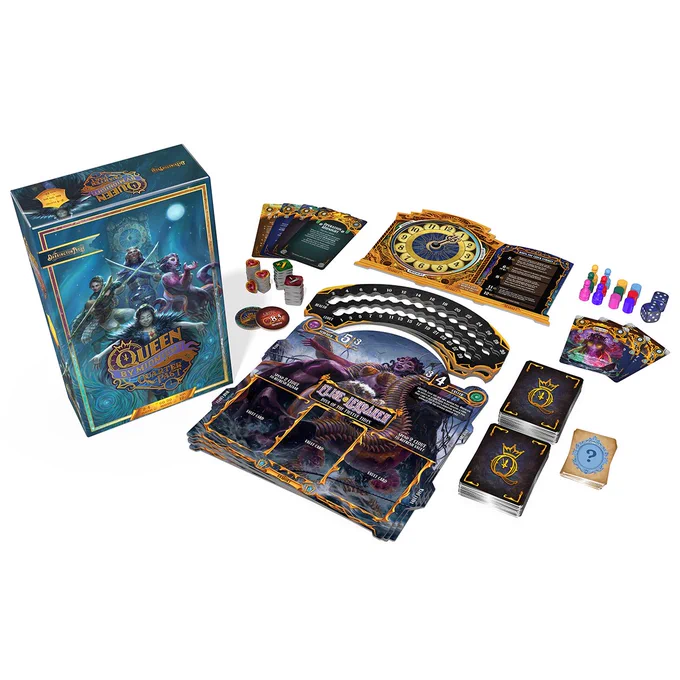 Queen by Midnight: Quarter Past, Darrington Press's newest board and card game. Photo shows everything that comes with the game.
