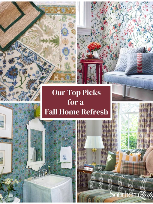 Alt text:
Four images of interior vignettes featuring vivid floral wallpaper, an ornate rug, and colorful printed pillows, sofas, and window trimmings. The image is overlaid with the text “Our Top Picks for a Fall Home Refresh.”