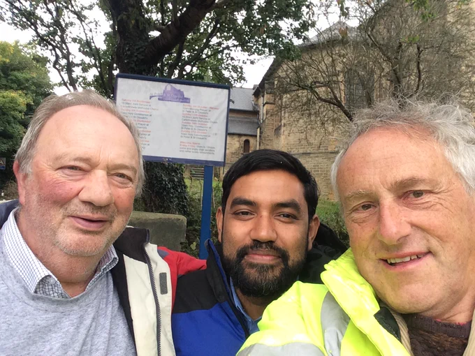Derek Martin, Cllr. Ibby Ullah and SP (Sequestrator) outside the drive gateway of S. Oswald's at the corner of Abbeydale and Bannerdale Roads discussing road safety and traffic flow.  26th. Sept. 2024