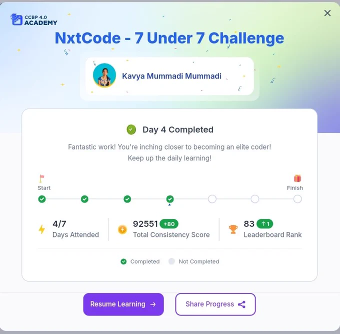 🧠 It was an exciting experience tackling the medium difficulty problem in level 4. 🧠

💡 During this challenge, I learned new logics and discovered new ways to approach problem-solving. 💡

🔑 The consistency of solving level 4 problems has reinforced my commitment to continuous learning and growth. 🔑

🌟 Looking forward to participating in many more challenges and solving many more problems! 🌟