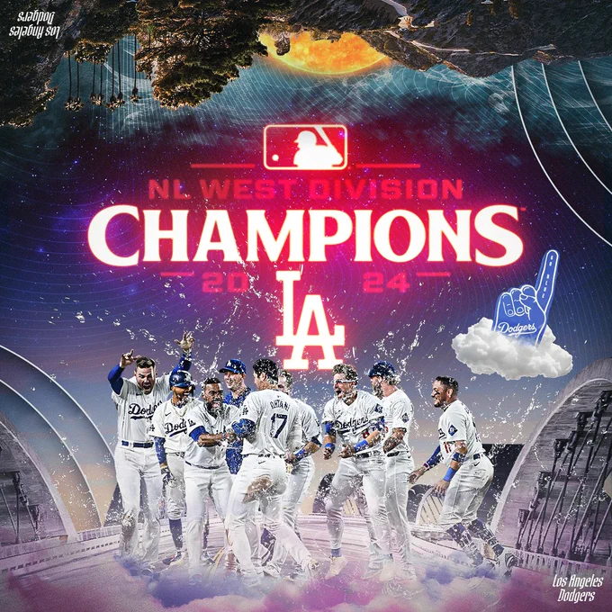 A graphic for the NL West Champs for the Los Angeles Dodgers with a photo of players celebrating the walk-off in the center of the graphic.