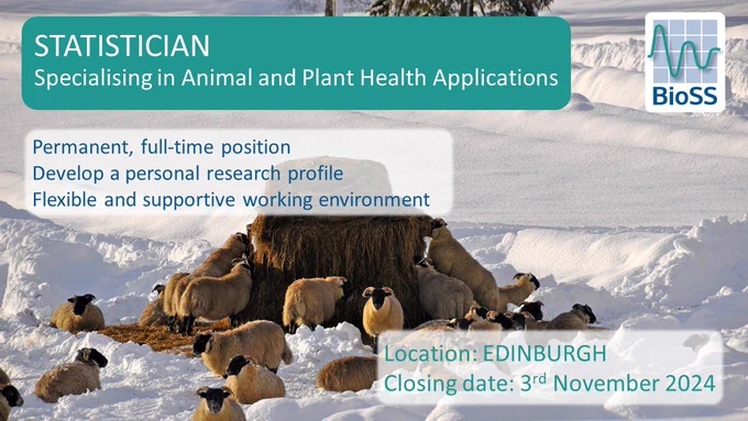 Job advert for the vacancy at BioSS: Statistician specialising in Animal and Plant Health Applications. This is a permanent, full-time position with opportunities to develop a personal research profile within a flexible and supportive working environment.