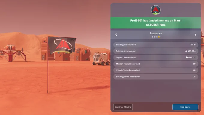 Screenshot of Mars horizon showing a flag planted on the surface of Mars. There are vehicles and buidlings in the background.
Text reads: Pre1990? Has landed humans on Mars! October 1986.