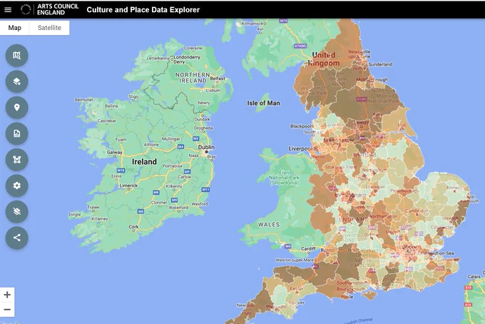 Map from the Culture and Place data explorer. On the left are a selection of icons and setting tools for users to use. At the top is the Arts Council England logo