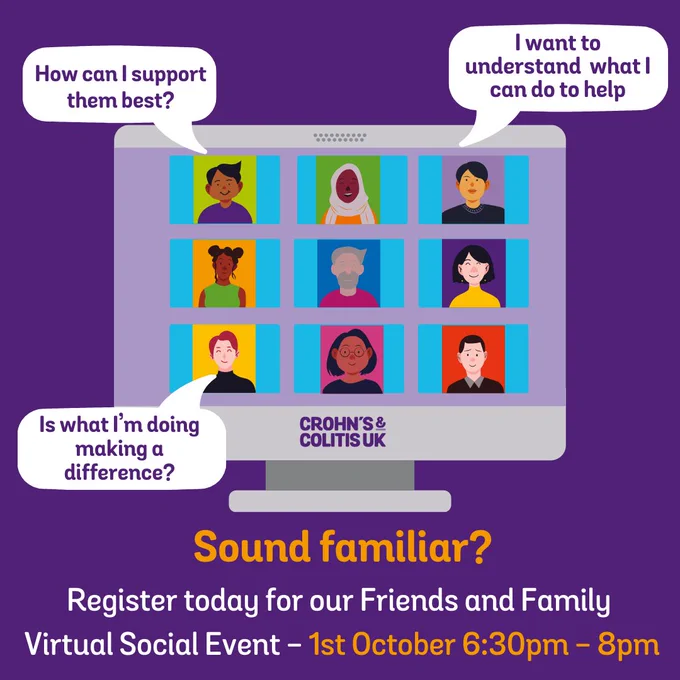 Image description: The text reads: 'Virtual social event, It Takes Guts, 1st October 2024 6:30pm -8pm' above is a graphic of a cartoon style computer, on the screen are people having a 'teams' style meeting