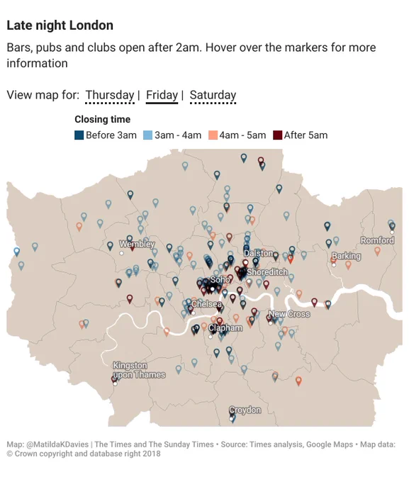 Map of every bar, pub and club open past 2am on a Friday in London
