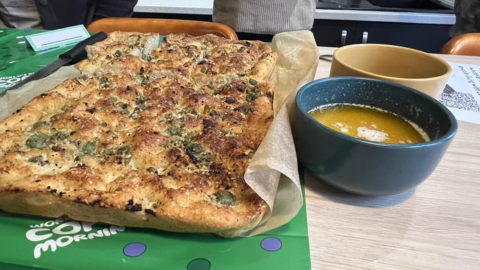 Focaccia bread with dipping sauces.