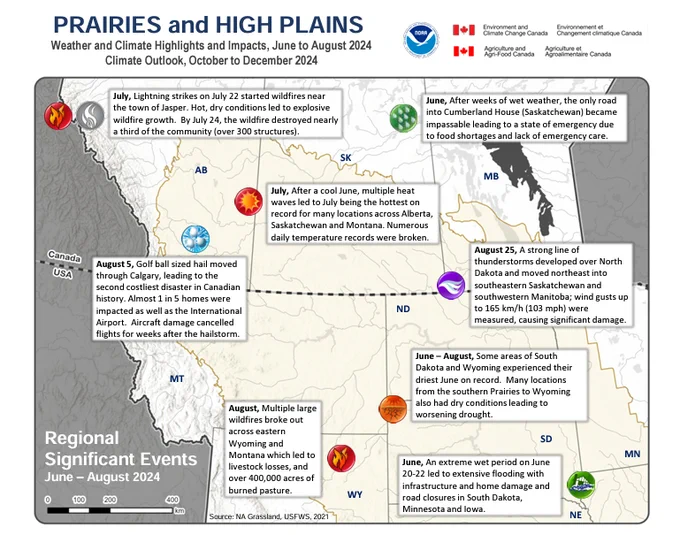 Map of the Prairies and High Plains with icons showing locations of significant weather and climate events in the region from June–August 2024.
