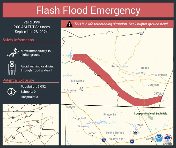 This graphic displays a flash flood emergency plotted on a map. The warning is in effect until 2:00 AM EDT. The warning includes Rutherford County, NC.  This warning is for A Dam Failure on the Broad River below Lake Lure in and Southern Rutherford County in western North Carolina. Avoid walking or driving through flood waters! Move immediately to higher ground! There are 3,052 people in the warning along with 0 schools and 0 hospitals.