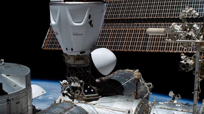 SpaceX's Crew Dragon Freedom is docked to the space-facing port on the Harmony module of the International Space Station. The spacecraft carried four Axiom Mission-2 astronauts to the orbiting laboratory on May 22, 2023. (Credit: NASA)