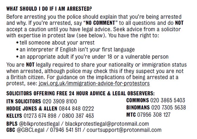 IF YOU ARE ARRESTED
Before arresting you, the police should explain that you’re being arrested, what offence, and why. If you’re arrested, say “no comment” to all questions and do NOT accept a caution until you have legal advice. Seek advice from a solicitor with expertise in protest law (see below). You have the right to:
•	Tell someone about your arrest
•	An interpreter if English isn’t your first language
•	An appropriate adult if you’re under 18 or a vulnerable person

You are not legally required to share your nationality or immigration status when arrested, although police may check this if they suspect you’re not a British citizen.

For guidance on the implications of being arrested at a protest, see jcwi.org.uk/immigration-advice-for-protesters

SOLICITORS OFFERING FREE 24 HOUR ADVICE:
ITN solicitors 020 3909 8100
Hodge Jones & Allen 0844 848 0222
Kellys 01273 674 898 / 0800 387 463
MTC 07956 308 127
Bindmans 020 7305 5638
Commons 020 3865 5403

LEGAL OBSERVERS & OTHER SUPPORT: