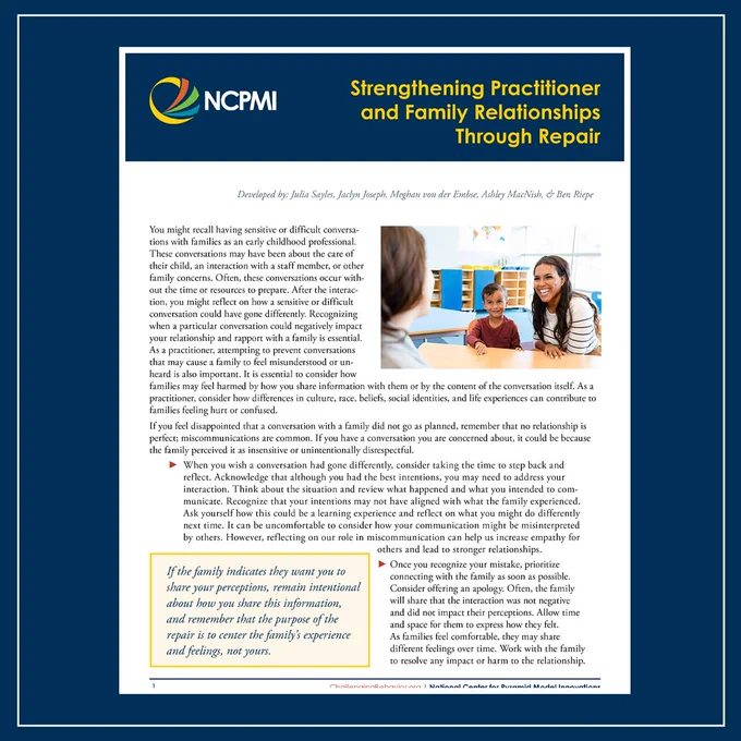 Thumbnail of the first page of the Strengthening Practitioner and Family Relationships Through Repair resource on a navy blue background.