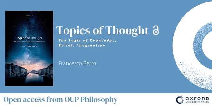 Cover of “Topics of Thought” by Francesco Berto, featuring a canal scene and the OUP logo, highlighting the logic of knowledge and belief.