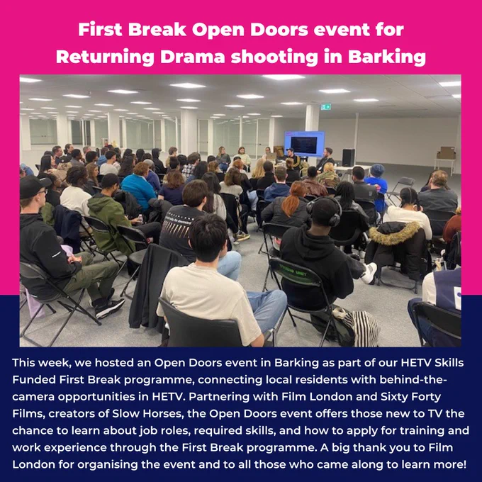 This week, we hosted an Open Doors event in Barking as part of our HETV Skills Funded First Break programme, connecting local residents with behind-the-camera opportunities in HETV. Partnering with Film London and Sixty Forty Films, creators of Slow Horses, the Open Doors event offers those new to TV the chance to learn about job roles, required skills, and how to apply for training and work experience through the First Break programme. A big thank you to Film London for organising the event and to all those who came along to learn more!