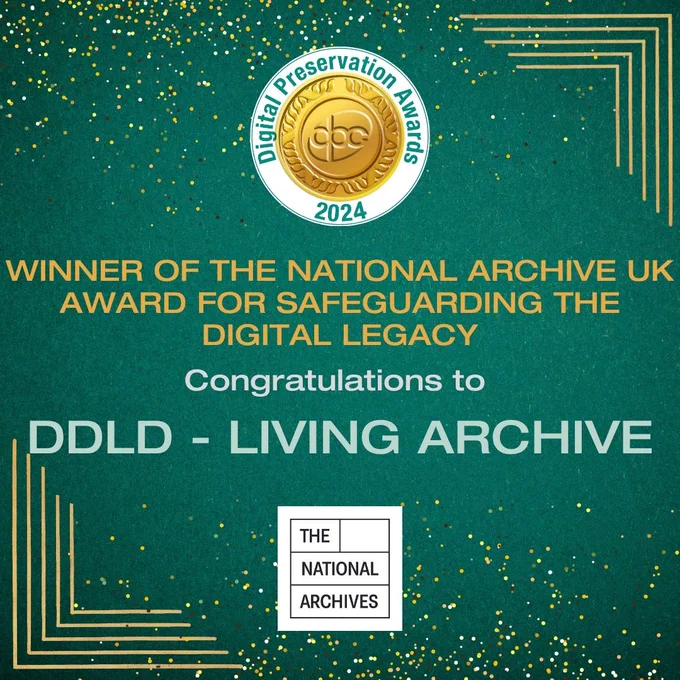 A certificate announcing DDLD - Living Archive as the winner of The National Archives' award for safeguarding the digital legacy