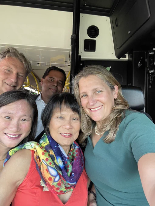 The Deputy Prime Minister taking a selfie inside a new TTC electric bus with Mayor Olivia Chow, Minister Gary Anandasangaree, MP Jean Yip and MP John McKay in Toronto, Ontario.
