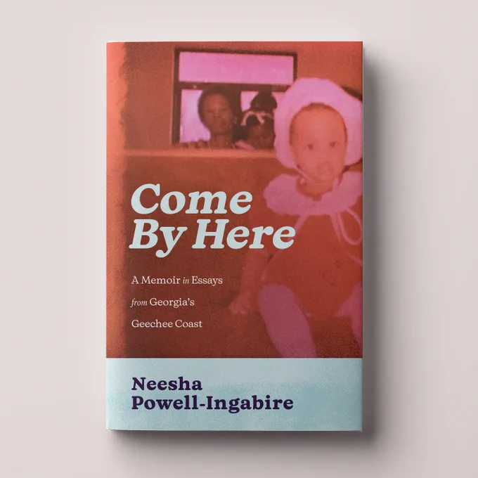 Cover photo of the book Come By Here: A Memoir in Essays from Georgia's Geechee Coast by Neesha Powell-Ingabire. Red tinted photo of Neesha as a baby sitting in a church pew with her grandmother looking on from behind. In the photo, Neesha is a light-skinned Black baby wearing a bonnet, a fancy dress, and white tights.