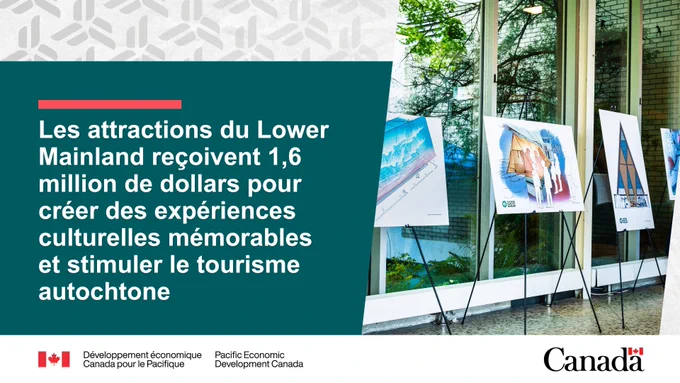 Image des concepts de design pour le projet St. Roch. Le texte se lit comme suit : Les attractions du Lower Mainland reçoivent 1,6 million de dollars pour créer des expériences culturelles mémorables et stimuler le tourisme autochtone.