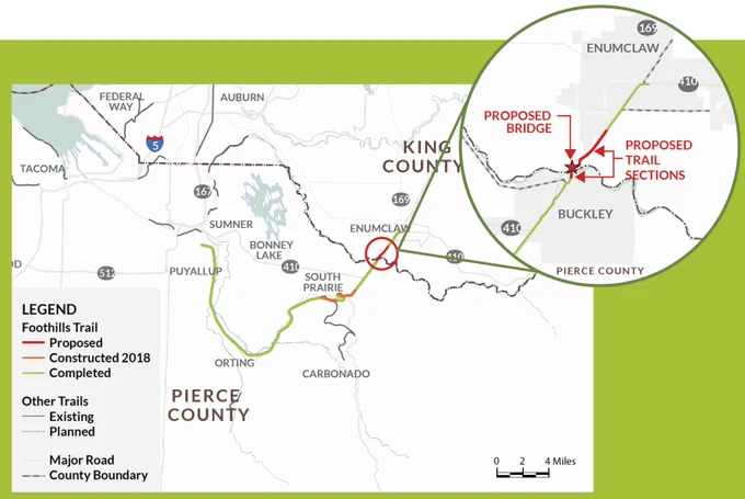 Map of the Foothills Trail with the bridge location marked.