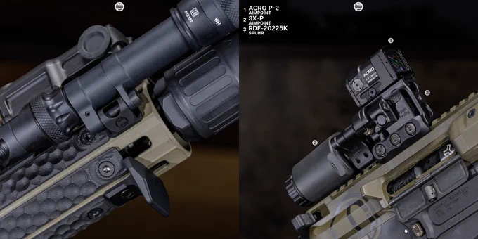 RailScales G10 RailScales in M-LOK, QTR Stop, Karve-P M-LOK Handstop, QDX Mount, Halftop Mount for Scout Pro Lights, CSMR Button | Cobalt Kinetics 11.5" 5.56 CK-Pro Bear Claw, Kinetic Consulting, HUXWRX HX-QD 5.56K, Surefire M640V Scout Light Pro w/ CSM-07 Switch, Wilcox RAID-X Laser, Aimpoint USA ACRO P-2 & 3X-P Magnifier, Spuhr RDF-20225K Mount, Magpul EMAG, MOE-SL Grip, SL-M Stock.