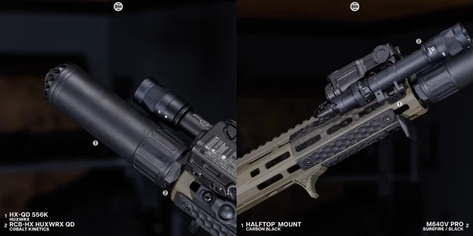 RailScales G10 RailScales in M-LOK, QTR Stop, Karve-P M-LOK Handstop, QDX Mount, Halftop Mount for Scout Pro Lights, CSMR Button | Cobalt Kinetics 11.5" 5.56 CK-Pro Bear Claw, Kinetic Consulting, HUXWRX HX-QD 5.56K, Surefire M640V Scout Light Pro w/ CSM-07 Switch, Wilcox RAID-X Laser, Aimpoint USA ACRO P-2 & 3X-P Magnifier, Spuhr RDF-20225K Mount, Magpul EMAG, MOE-SL Grip, SL-M Stock.