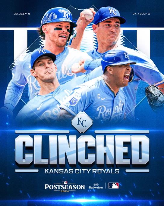 Kansas City Royals - CLINCHED
Postseason 2024 | Budweiser
Pictured: cutouts of Bobby Witt Jr., Seth Lugo, Cole Ragans, and Salvador Perez.