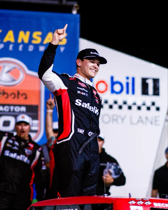 Corey Heim celebrates in Victory Lane at Kansas.