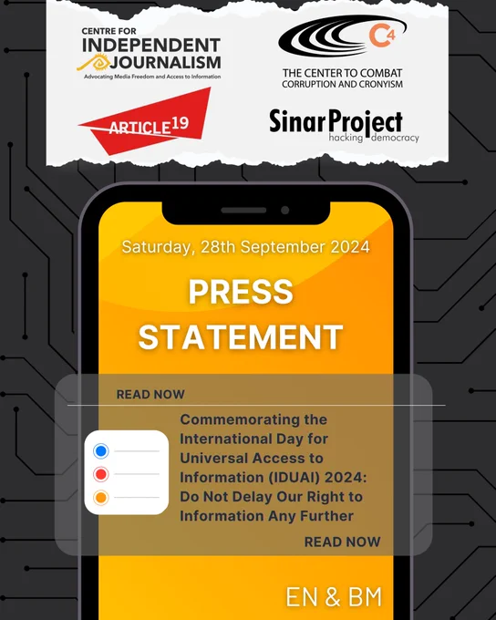 JOINT STATEMENT

Commemorating the International Day for Universal Access to Information (IDUAI) 2024:
Do Not Delay Our Right to Information Any Further

READ THE FULL STATEMENT ON OUR WEBSITE.  LINK IN BIO