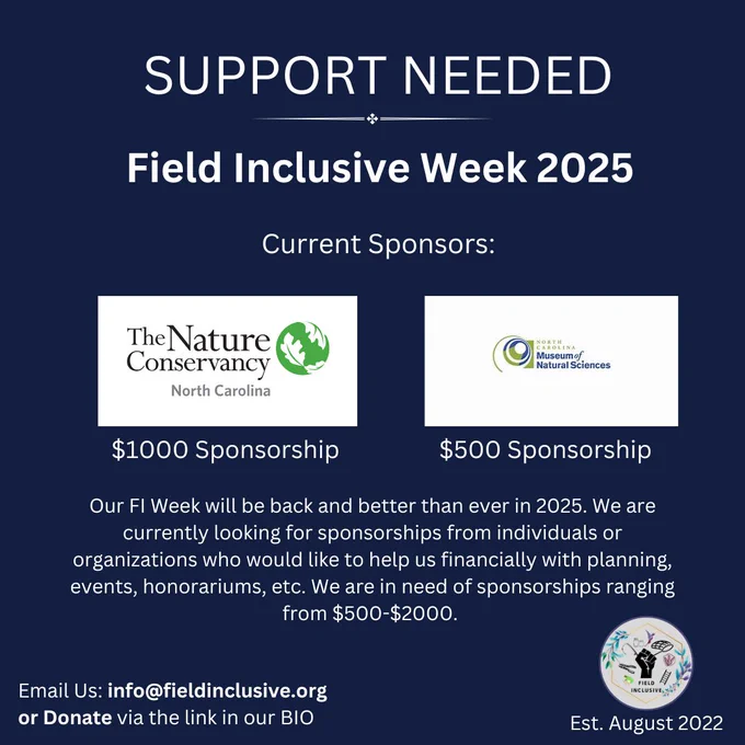 A "support needed" advertisement for Field Inclusive's FI Week 2025. 