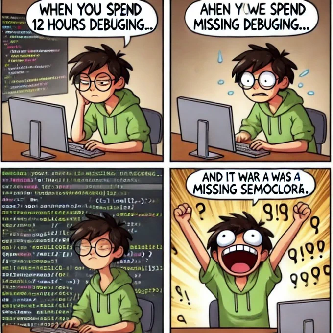 Two-panel meme: The first panel shows a tired person stressed out in front of a computer filled with code, with the caption 'When you spend 12 hours debugging...'. The second panel shows the same person cheering with relief as the code works, captioned 'And it was a missing semicolon.