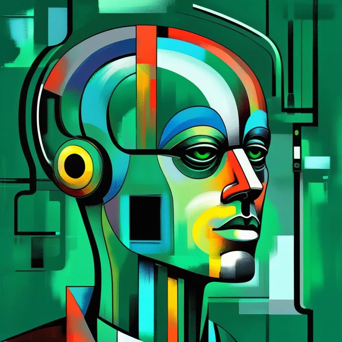 Green Horizon:

In a world where lines blur and fade,
A figure stands, with heart displayed,
Green skin glistens, like a leaf so bright,
As it gazes out, into the digital light.

With circuits humming, and wires that gleam,
The human form merges with machine's scheme,
A fusion of flesh and steel, so bold,
As it contemplates the future to unfold.