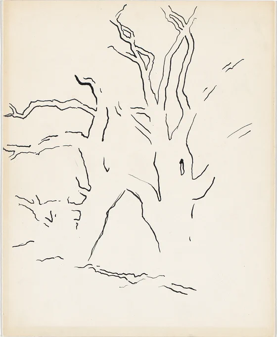 Simple black ink illustration of a dead tree with large branches overall.