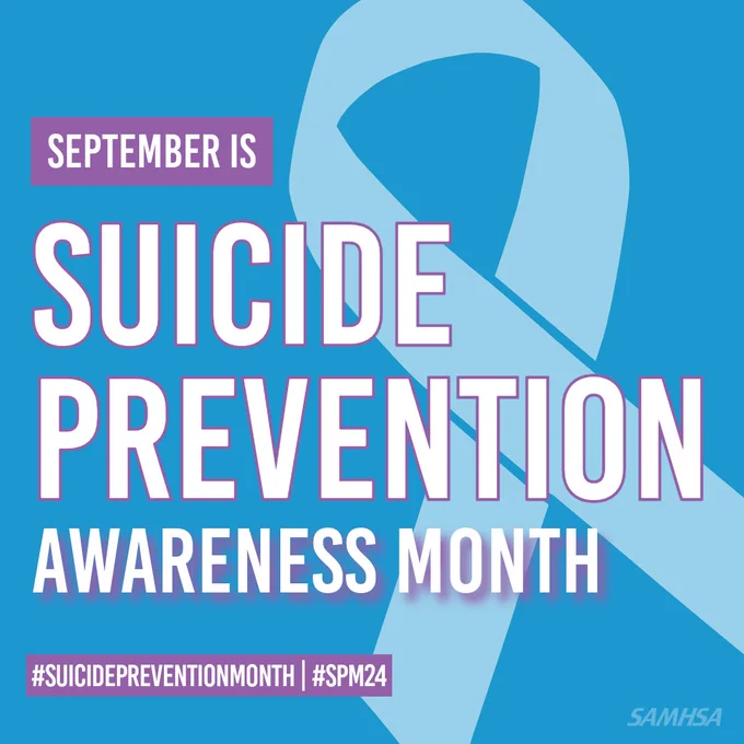  Suicide Prevention Awareness Month in September, featuring a large blue ribbon and text, highlighted with hashtags '#SuicidePreventionMonth' and '#SPM24.' Logo of SAMHSA at the bottom right.