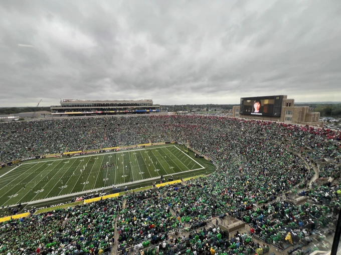 A panoramic view of a crowded Notre Dame Stadium during a daytime football game, with overcast skies.
