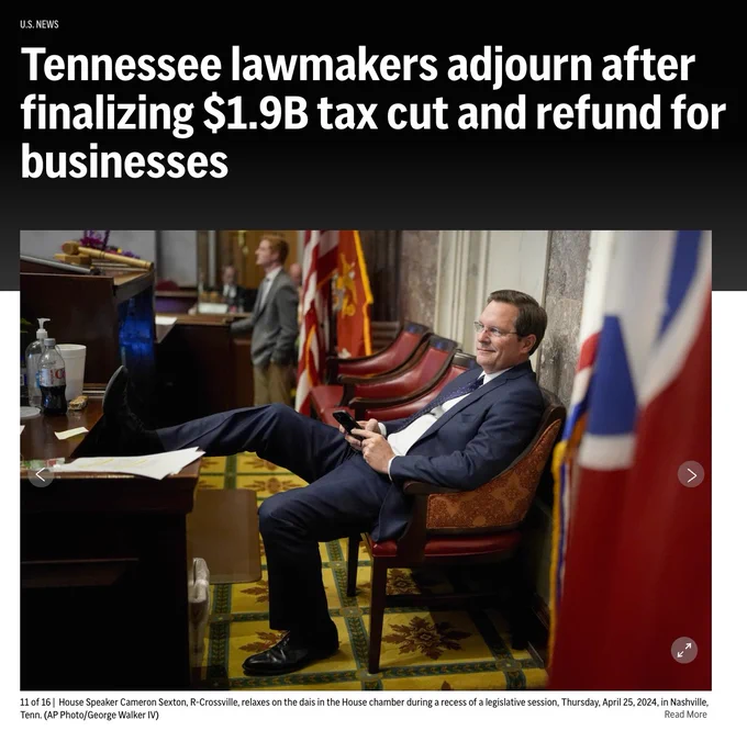 U.S. NEWS Tennessee lawmakers adjourn after finalizing $1.9B tax cut and refund for businesses

PHOTO: House Speaker Cameron Sexton, R-Crossville, relaxes on the dais in the House chamber during a recess of a legislative session, Thursday, April 25, 2024, in Nashville, Tenn. (AP Photo/George Walker IV)