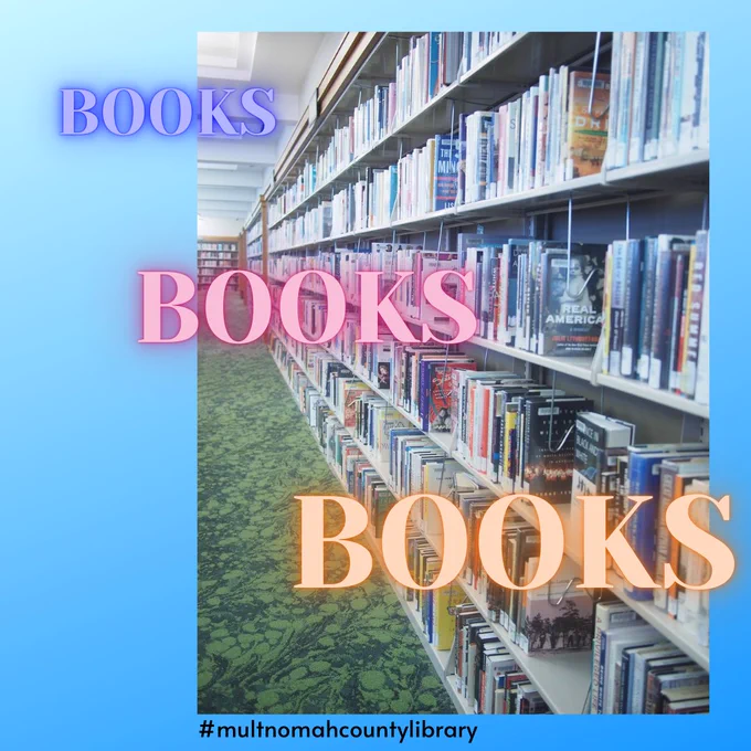 long library shelf with the words "books books books" superimposed over top