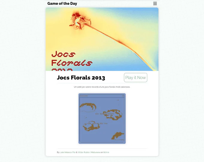Captura de pantalla de la web Game of the Day. Hi ha el títol del joc Jocs Florals 2013, la portada amb una rosa sense pètals i una pantalla del joc, de colors blaus i grocs.