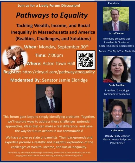 Conversation! Pathways to Equality 🤝🤲👏 
Mon, 9/30 7pm @ Acton Town Hall 
FREE Event RSVP @ https://tinyurl.com/pathwaystoequality 