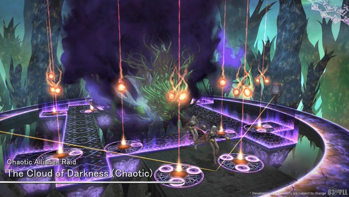 A slide from the Final Fantasy 14 Letter from the Producer Live 83 that reads "Chaotic Alliance Raid - The Cloud of Darkness (Chaotic)" at the bottom. In the background is a screenshot of The Cloud of Darkness, a large Voidsent enemy with the figure of a woman floating in the middle of a large arena. She has a green complexion, long curly locks of hair, and is emerging from a large dark mass resembling a storm cloud. Orange orbs descend downwards around her into brightly colored circles lit up on the ground. Two smaller enemy clones float in front of her as she stares menacingly ahead. A disclaimer at the bottom reads "Development screenshots are subject to change".