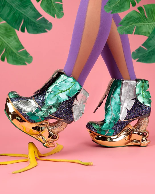 Irregular Choice 'Be Leaf Me' statement boots. Posable green metallic leaves, gold banana platform.