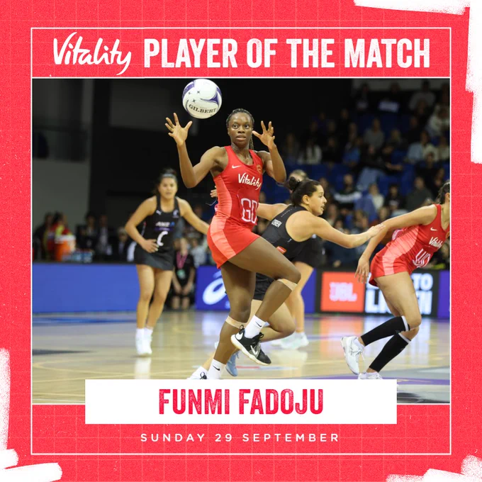 A graphic shows Vitality Roses player Funmi Fadoju in the middle jumping to catch a ball mid air. She wears a red dress and black trainers. Around the image the words read Vitality Player of the Match, Funmi Fadoju, Sunday 29 September.