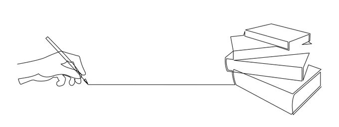 A line drawing of a hand drawing a stack of books